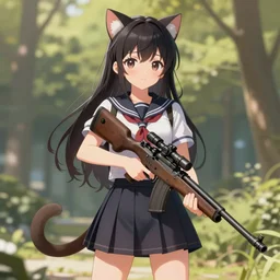 anime, full body, cute, female, a cute girl wearing a school uniform with cat ears and holding a sniper rifle, gorgeous lighting, gorgeous background, cat girl, highly detailed, digital painting, art station, sharp focus, frontal view, illustration, concept art, advanced digital anime art