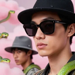 close - up, one fashion model in sunglasses and another one model with hat, pink clouds background, green snakes, hyper detailed, photo realistic, vouge style photo, drops of clean water, artwork by tooth wu and wlop and beeple and greg rutkowski