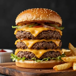stage photography highly detailed studio lighting food photography of a towering triple cheeseburger with melted cheese and fries on the side, stunning quality of scrumptious food