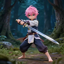 a beautiful fullbody portrait of a cute male anime boy with pink hair, wearing a cool outfit, barefoot, wielding a sword in battle position, in a forest, at night. ambient occlusion, volumetric light, detailed, realistic, fantasy character, rendered in octane