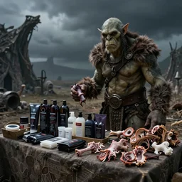 market stall in Mordor with dark sky. An orc is selling dark toiletries and body parts