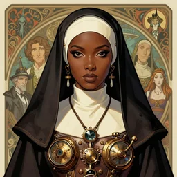 a detailed portrait illustration of a steampunk wizard - nun. beautiful black female face, large chest. art nouveau, pop art, comic book style. influenced by neil gaiman, h. p. lovecraft, dan mumford, brian froud, vadim voitekhovitch, killian eng, ross tran.