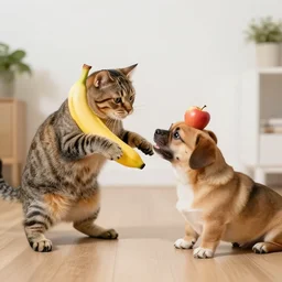 cat wearing a banana fighting a dog wearing an apple