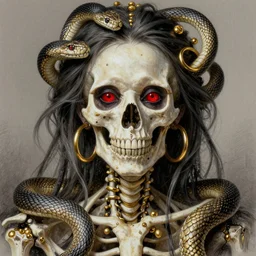 realistic portrait of beautiful skeleton with red eyes and her snakes, golden rings, golden nugets, greg rutkowski, seb mckinnon, golden, facing the camera, delicate, hyper realism, 1 4 5 0, ink, ultra realistic, 8 k