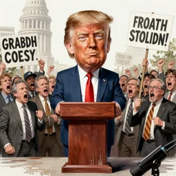 an political caricature of donald trump at a podium surrounded by a crowd of angry screaming protestors with signs, by gerald scarf and ralph steadman, illustration, ink drips, front angle, ink splatters, pen and ink, flat color, distorted features, spittle, drawing, facing front, anatomically correct, beautiful perfect face, sharp focus, highly detailed, cinematic lighting, 8 k, hd