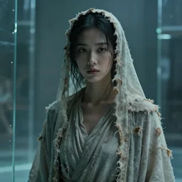 close - up of a woman in tattered robes in a room made of glass. cinematic lighting. concept art. 4 k, ultra - high - definition