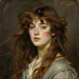 portrait of a beautiful young woman. hair in the wind. painting by evelyn de morgan.