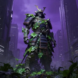 highly detailed green leaves, a giant samurai statue standing in a cyberpunk city, nature taking back, decayed, cyberpunk, dark fantasy, photorealism, unreal engine, purple hue, sci-fi, by H.R. Giger