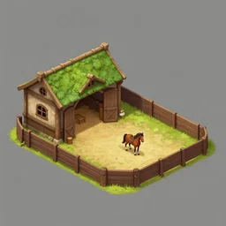 isometric medieval horse stable with green roof and with corral, on grey background, artstation,