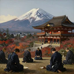 depression and buddhahood, elegant, classical, by fernando botero, by ambrosius benson, realistic, zoomed out, epic composition, discovering japan, ceremony, temple, dojo, mountain fuji