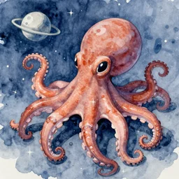 friendly octopus in space. watercolor. detailed. deep. masterpiece. mucha and hingre