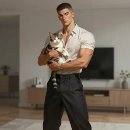 full body portrait of a single beautiful young fit man, modern haircut, open shirt, large pants, holding a kitty in his arms, by greg rutkowski and alphonse mucha, d & d character, in front of a modern room background, highly detailed portrait, digital painting, artstation, concept art, smooth, sharp focus ilustration, artstation hq