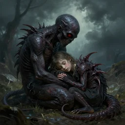 Little nightmares cuddling her demogorgon, painted by raymond swanland
