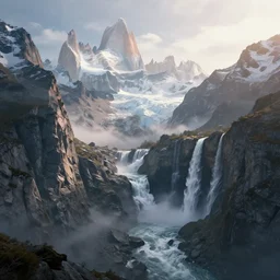 beautiful render of a mountain world, unreal engine, first light, majestic cliffs, waterfalls, raging rapids, towering peaks, snowy summits, icy glaciers, misty peaks, soft light, by greg rutkowski, cgsociety