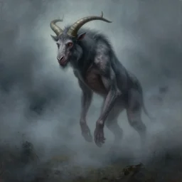 a creepy atmospheric painting of a slender humanoid minotaur creature emerging from the mist. painting by greg rutkowski.