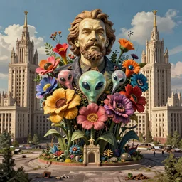 colossal grotesque flower statue made from Lenin heads and colorful alien flowers in the middle of abandoned early soviet constructivist cityscape, Stalinist architecture, ultradetailed by Hayao Miyazaki and Josan Gonzalez and Makoto Shinkai and Giuseppe Arcimboldo and Wes Anderson