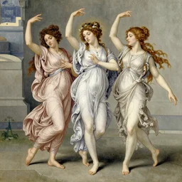 the three graces dancing, pre raphaelite, watercolors, cinematic, intricate details