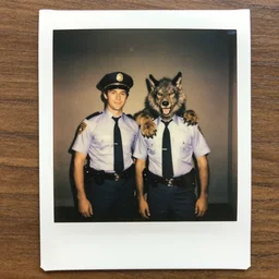 retro 1970s Polaroid photo of two cops posing with a werewolf