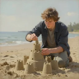 young steve buscemi building a sand castle. gouache fairytale art, russian romanticism, muted palette, backlighting, depth of field