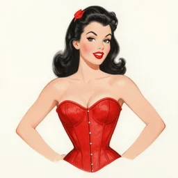 a vintage pin - up drawing of a girl in a corset, black hair, red lips, high heels, volumetric lighting, betty page, by george petty, by art frahm, by gil elvgren