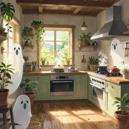 interior background art, bright window lit kitchen, morning, steaming food on the stove, wooden floors, houseplants, ghosts, cottage decor, anime, trending on pixiv fanbox, painted by greg rutkowski makoto shinkai takashi takeuchi studio ghibli, akihiko yoshida