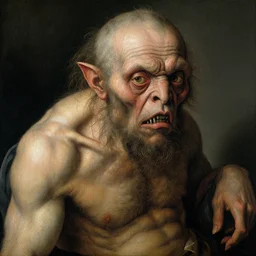 detailed vivid colours dutch renaissance painting of distorted deranged humanoid monster, wrinkly skin with hairy face and animal face ugly