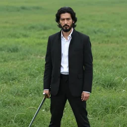A man with black hair and Beard, wearing a black jacket, white shirt and holding a sword, standing in a grass field