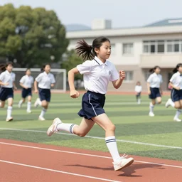 90's color Photo, A girl running on the schoolyard, at Sports Day at an elementary school in Japan.