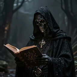 black magic sorcerer with a book of spells, book, dramatic, death, cinematic, ultra realistic, highly detailed, trending on artstation