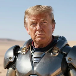 professional head shot of donald trump wearing fallout power armor in a bright sunny desert, 8 k, very intricate, very detailed, professional lighting,