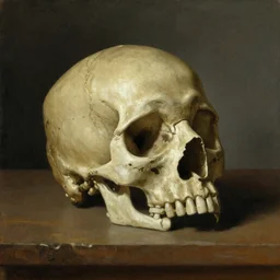 Oil painting of a still life scene with a human skull by Rembrandt
