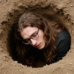 a camera footage of a handsome guy with very long brownish! hair, with nerdy glasse falling down a soil hole, kodak portra 4 0 0, 8 k, highly detailed, britt marling style