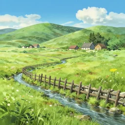 an anime movie background matte painting of a meadow in the countryside, rolling hills, cottages, rough wooden fence, babbling brook, stone wall, by Makoto Shinkai, trending on Artstation, highly detailed