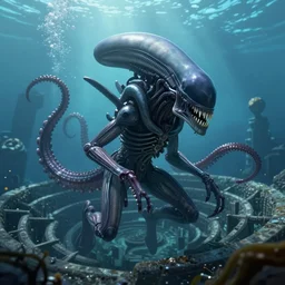 underwater xenomorph alien mixed with sharks extra teeth tentacles labyrinth highly detailed digital painting artstation concept art, photorealistic, 8 k, highly detailed