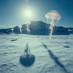 the first snow on a young earth, majestic landscape, long shadows, glowing fractal jellyfish, still frame from the voyage of time movie by terrence malick with cinematogrophy of emmanuel lubezki with art direction of giger, arri alexa, ultra wide anamorphic lens flares, 8 k
