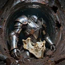 macro 4 0 mandible insect viscera | as god |, curved chrome - rust chaos dystopic armor, wedged in necrotic metal sewer tunnel, ruined metal slag melted yaw tunnel openings, chris foss, wayne d barlowe, enric torres, alberto bontempi, feng zu hyper realism, narrative light, muted colors, epic, hyper detailed, awe inspiring, award