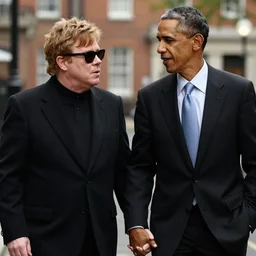 elton john and barack obama holding hands on a street, romantic, gloomy, mysterious, warm colors, hyperrealistic, high detail, detailed faces, 8 k, award winning, masterpiece,