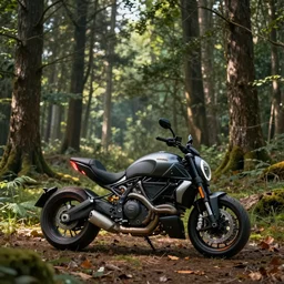 portrait of a single ducati diavel in a vast forest landscape in the style of thomas cole, cinematic lighting, raytracing, 8 k, octane render, volumetric, vivid, beautiful, hyperrealism