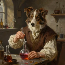 a beautiful portrait painting of a young alchemist collie mixing a potion in medieval lab, artstation, deviantart, art by keith parkinson and greg rutkowski and tim hildebrandt