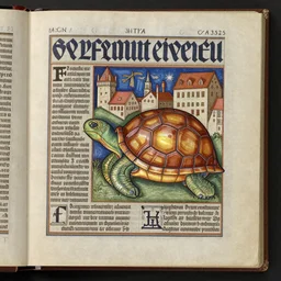 the illuminated medieval illustrated bible says, that a blastoise has arrived in town, shows a picture of him in the headlines