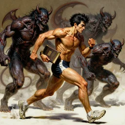 action digital art of a an athletic runner holding a bible. Chased by demonic monsters. by Frank Frazetta and Yusuke Murata, concept art, highly detailed, promotional art, HD, digital painting, trending on ArtStation, golden ratio, rule of thirds, SFW version