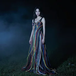 woman in a long, flowing dress made of multi-colored wires and cables on a dark, misty night