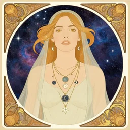 a portrait of a margot robbie as an androgynous druid spirit wearing five necklaces of moons and stars, draped in transparent cloth, flat colors, occult, minimal, swirly, bust by alphonse mucha, decorative art nouveau border, astrophotography, vast cosmos, detailed book illustration, trending on artstation
