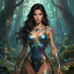 a tattooed beautiful female warrior wearing a magical leotard in a magical forest, insanely detailed face, medium shot, fantasy art, in the style of greg rutkowski, illustration, epic, fantasy, intricate, hyper detailed, artstation, concept art, smooth, sharp focus, vibrant