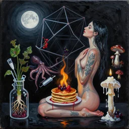 sensual female painting, yoga, pancakes, fire smouldering, feminine tattoos, midnight, dark, black background, wet, dodecahedron, geometry, moonlight, berries, octopus, surgical supplies, mushrooms, plants with roots in scientific glassware, fungus, candle dripping white wax, berry juice drips, neoexpressionism, surrealism, acrylic and spray paint and oilstick on canvas