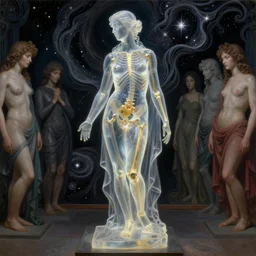 The transparent room without doors and windows with beautiful full-body wax sculpture of the glowing transparent woman with visible golden bones inside her in the singularity where stars becoming baroque folds of dark matter by Michelangelo da Caravaggio, Nicola Samori, William Blake, Alex Grey and Beksinski, dramatic volumetric lighting, super detailed oil painting, 8k, masterpiece