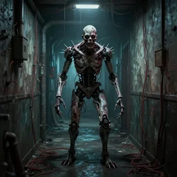 cyborg zombie, hanging wires, spikes, in a dingy corridor, cyberpunk horror art by greg rutkowski