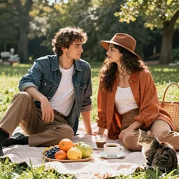 good morning, by michelangelo, 1 9 9 6. a man and a woman wearing fashion clothes, picnic, fruits, hot coffee, outdoor, cat, sun