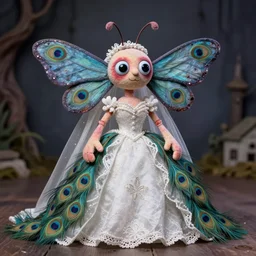 a humanoid stop motion rosy maple moth squid hybrid puppet wearing a peacock wedding gown, created by tim burton for a new stop motion animation, creepy, cute, macabre, cartoon, real life