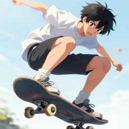 close up of a young anime boy riding a skateboard in the air, an ultrafine hyperdetailed illustration by akihiko yoshida, makoto shinkai, greg rutkowski, intricate linework, action lines, global illumination, intricate sci fi environment, dream setting, final fantasy, trending on art station.